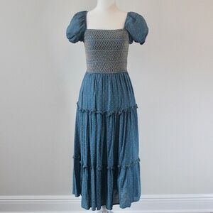 Teal Tan Smocked Moon River Midi Dress Small